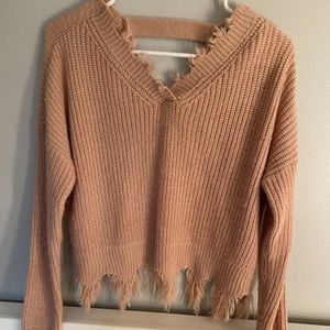V-Neck Distressed Frayed Hem Pullover Sweater